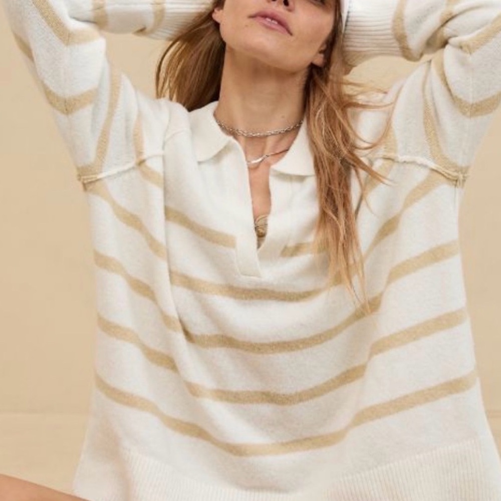 Aerie V-Neck Sweater in Cream and Tan Stripes - Size L - DISCOUNTED SHIPPING 💅🏽 - Picture 1 of 3